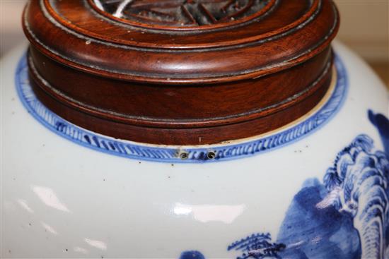A Chinese blue and white ovoid jar, 18th century, total height 23.5cm including pierced wood cover
